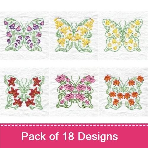 Floral Butterflies Embroidery Designs Bundle – Yellow, Purple, Red, Pink Butterflies & More (9 Designs)