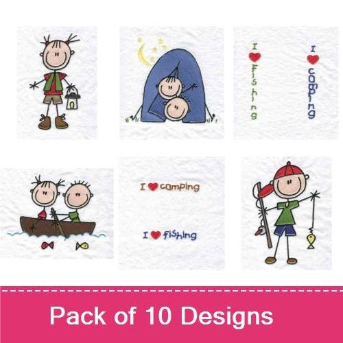 Kids Outdoor Adventures Embroidery Designs Bundle – Boy with Lantern, Fishing Kids, Camping Kids & More (10 Designs)