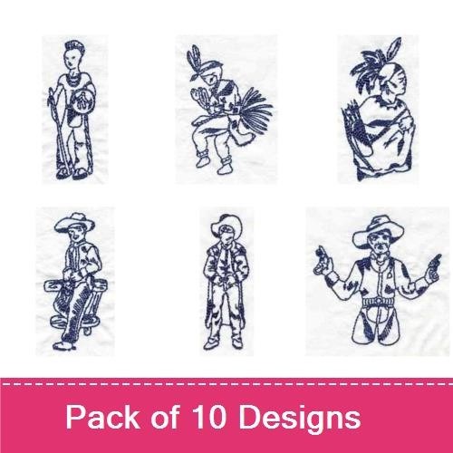 Redwork Vintage Western & Native Figures Embroidery Designs Bundle – Native American Girl, Western Cowboy, & More (10 Designs)