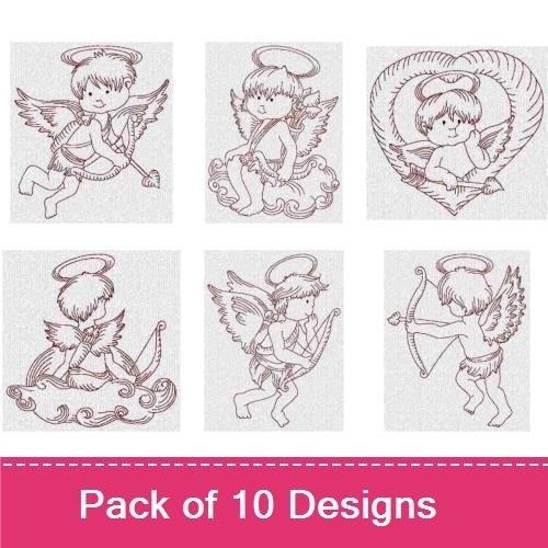 Redwork Cupid Angels Embroidery Designs Bundle – Cupid Angel with Bow, Cupid Angel Flying & More (10 Designs)