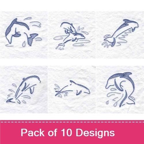 Dolphin Embroidery Designs Bundle – Leaping Dolphin, Dolphin Splashing, Dolphin with Waves & More (10 Designs)