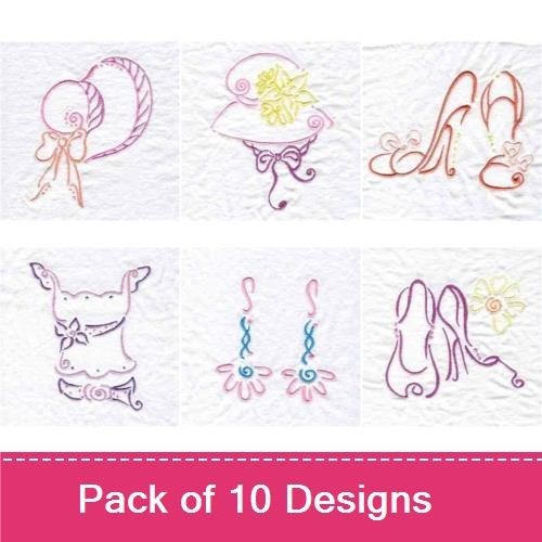 Redwork Vintage Fashion Accessories Embroidery Bundle – Hat with Flowers, High Heeled Shoes, Fan & More (10 Designs)