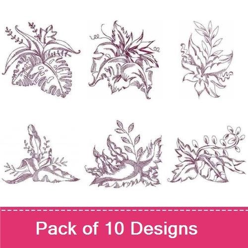 Redwork Tropical Leaves Embroidery Designs Bundle – Curly Leaf, Swaying Leaves, Lush Tropical Leaves & More (10 Designs)