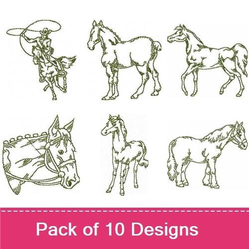 Redwork Classic Horse Embroidery Bundle – Standing Horse, Galloping Horse, Horse and Rider & More (10 Designs)