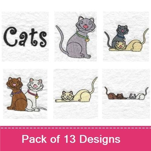Whimsical Cats Embroidery Designs Bundle – Gray Cat with Collar, Waving Cat, Sitting Cat & More (13 Designs)