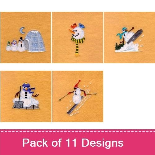 Snowman Characters Embroidery Designs Bundle – Snowman with Drum, Snowman with Tree, Snowman with Sled & More (11 Designs)
