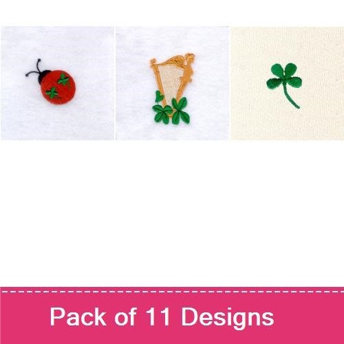 St. Patrick's Day Charms Embroidery Designs Bundle – Ladybug with Shamrock, Harp with Shamrocks, Leprechaun & More (11 Designs)