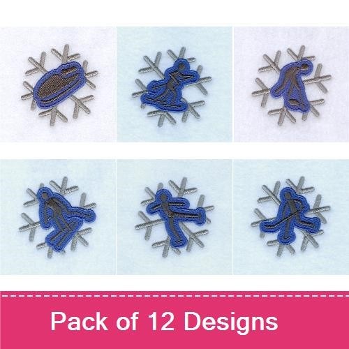Winter Sports Embroidery Designs Bundle – Sled, Snowflake, Skiing Figure, Snowboarder & More (12 Designs)