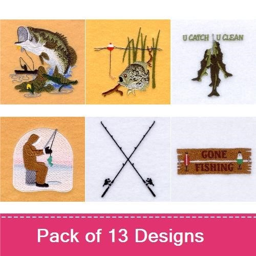 Fishing Fun Embroidery Designs Bundle – Leaping Bass, Fisherman, Fishing Rod & More (13 Designs)