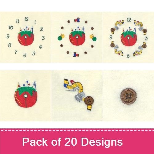 Sewing Clock Embroidery Designs Bundle – Sewing Clock Face, Tomato Pincushion, Buttons Design & More (20 Designs)