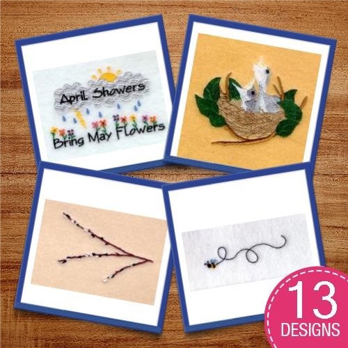 Springtime Embroidery Designs Bundle – April Showers, Bring May Flowers, Bird's Nest & More (13 Designs)