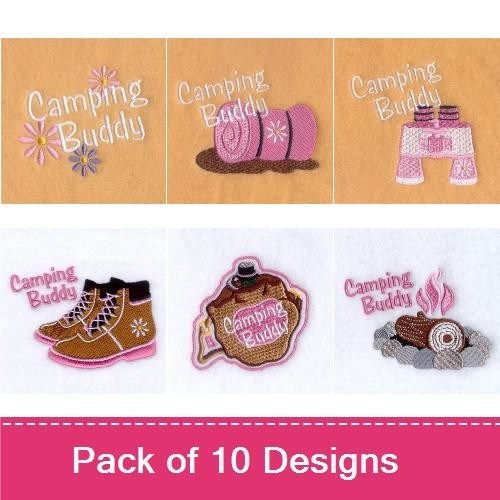 Camping Buddy Embroidery Designs Bundle – Boots, Tent, Campfire & More (10 Designs)