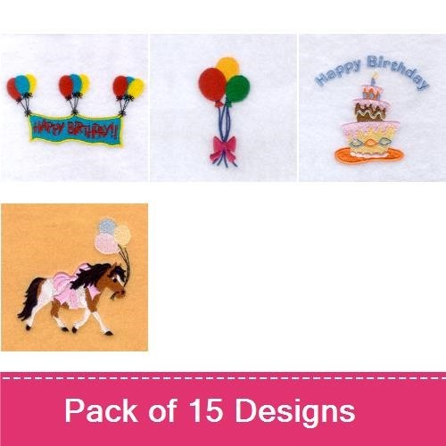 Birthday Celebration Embroidery Designs Bundle – Happy Birthday Lettering, Birthday Cake, Party Hat & More (15 Designs)