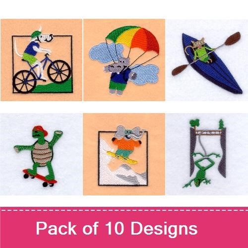 Dog, Elephant & Lizard Embroidery Bundle – Fun Animal Adventures (10 Designs)