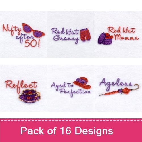 Celebrating Aging Embroidery Designs Bundle – Nifty after 50!, Red Hat Granny, Aged to Perfection & More (16 Designs)