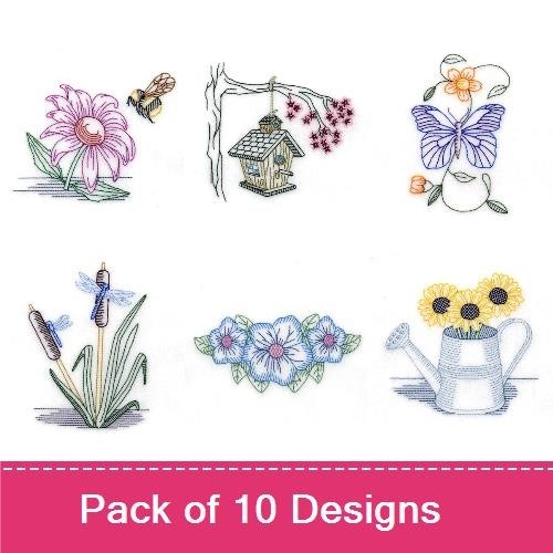 Spring Garden Embroidery Designs Bundle – Birdhouse, Butterfly, Hummingbird & More (10 Designs)