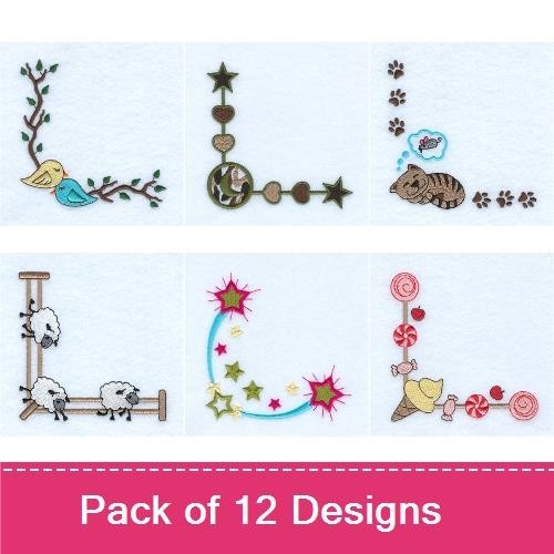 Whimsical Corner Embellishments Embroidery Bundle – Sun with Clouds, Heart Corner, Bird on Branch & More (12 Designs)