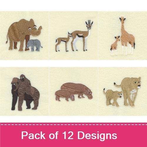 Safari Animals Embroidery Bundle – Elephant Family, Giraffe, Lion & More (12 Designs)