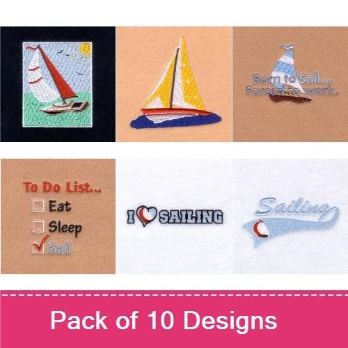 Sailing Embroidery Designs Bundle – Sailboat with Water, I Love Sailing, Anchor & More (10 Designs)