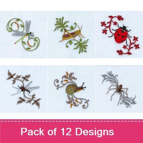 Garden Bugs Embroidery Designs Bundle – Bee with Flowers, Ladybug with Leaves, Butterfly with Vines & More (12 Designs)