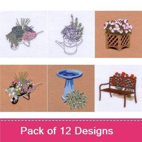 Garden Planters & Decor Embroidery Designs Bundle – Garden Bench with Flowers, Hanging Planter, Floral Arrangement in Pot & More (12 Designs)