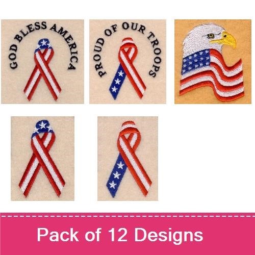 Patriotic American Symbols Embroidery Designs Bundle – American Flag, God Bless America Ribbon, Proud of Our Troops Ribbon & More (12 Designs)