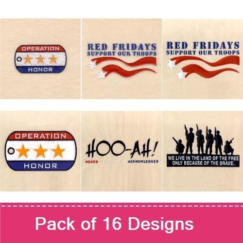 Military Support Embroidery Designs Bundle – Honor Our Troops, I Love My Soldier, Hoo-Ah! & More (16 Designs)