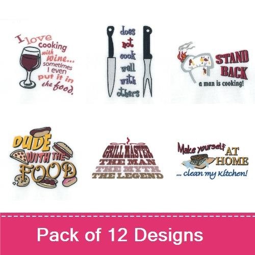 Funny Cooking Quotes Embroidery Designs Bundle – A Man and His Grill, I Love Cooking Wine, & More (12 Designs)