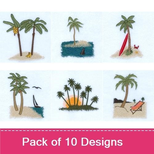 Tropical Beach Embroidery Designs Bundle – Palm Trees, Sailboat, Beach Sunset & More (10 Designs)