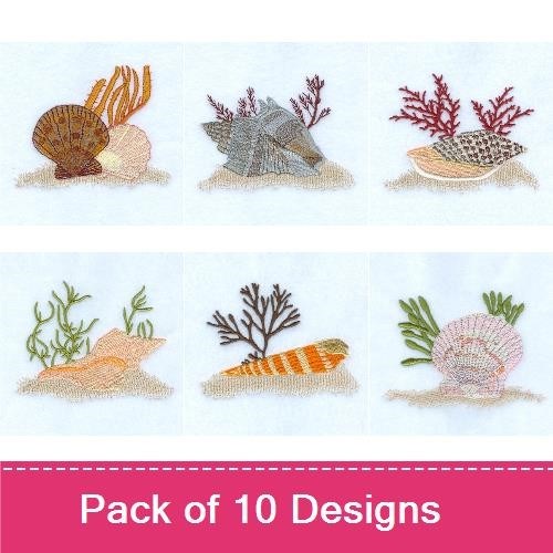 Seashells & Marine Life Embroidery Designs Bundle – Sea Shell with Plant, Spiral Sea Shell, Coral Red Sea Shell & More (10 Designs)