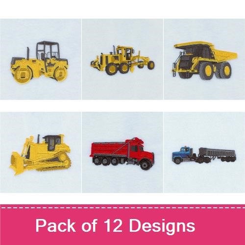 Construction Equipment Embroidery Designs Bundle – Crawler Crane, Forklift, Bulldozer, Loader & More (12 Designs)