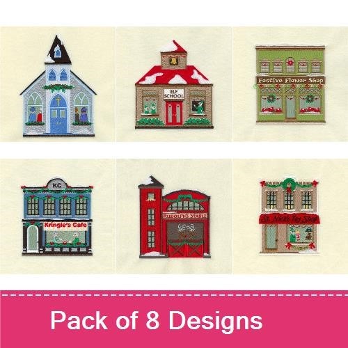 Christmas Village Buildings Embroidery Designs Bundle – Rudolph's Stable, Winter Chapel, Candy Cane Cottage & More (8 Designs)