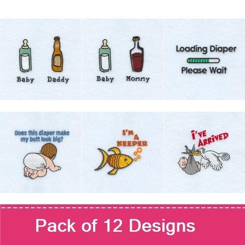 Baby and Family Fun Embroidery Designs Bundle – Baby Bottle, Beer Bottle, Goldfish & More (12 Designs)