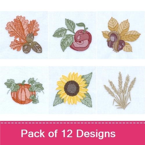 Autumn Harvest Embroidery Designs Bundle – Oak Leaf with Acorns, Red Apple, Pumpkin & More (12 Designs)