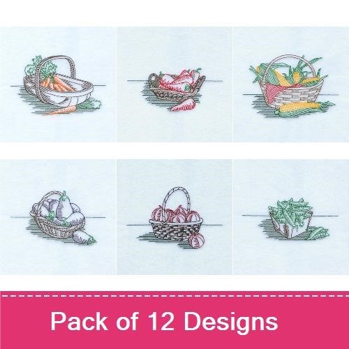 Vegetable Basket Embroidery Designs Bundle – Corn Basket, Mixed Vegetable Basket, Onion Basket & More (12 Designs)