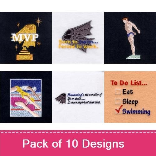 Swimming Embroidery Bundle – Diver Silhouette, Swim Team MVP, To Do List - Eat Sleep Swim & More (10 Designs)