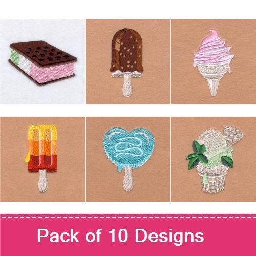 Ice Cream & Popsicle Embroidery Designs Bundle – Ice Cream Sandwich, Chocolate Popsicle, Sundae & More (10 Designs)