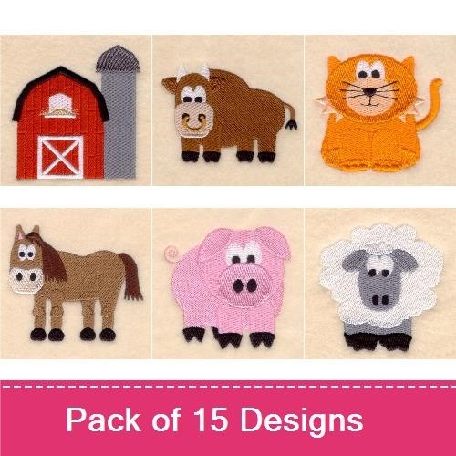 Farm Animal Embroidery Bundle – Red Barn, Brown Cow, Orange Cat & More (15 Designs)