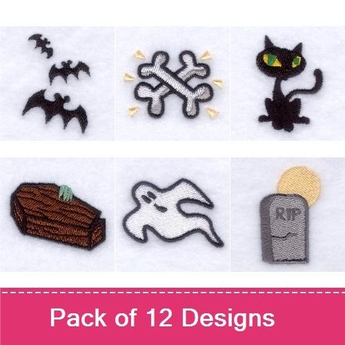 Halloween Embroidery Designs Bundle – Skull, Bat, Crossbones, Black Cat & More (12 Designs)