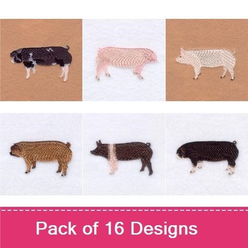 Farm Animal Embroidery Bundle – Hampshire, Chester White, Poland China, & More (16 Designs)