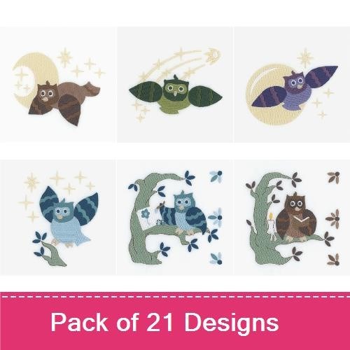 Owl Embroidery Designs Bundle – Owl with Moon, Owl with Stars, Flying Owl & More (21 Designs)