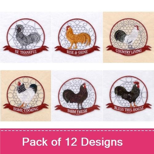 Farmhouse Rooster Embroidery Designs Bundle – Black Rooster, Country Living Rooster, Red Rooster & More (12 Designs)