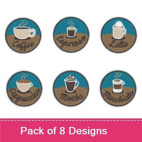 Coffee and Hot Drinks Embroidery Designs Bundle – Coffee Cup, Espresso, Latte, Mocha & More (8 Designs)