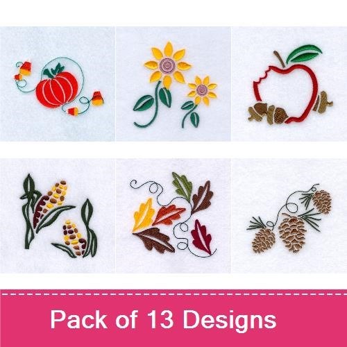 Autumn Harvest Embroidery Designs Bundle – Corn Stalks, Red Tomato, Pumpkin Cart & More (13 Designs)