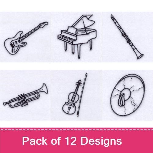 Classic Musical Instruments Embroidery Designs Bundle – Electric Guitar, Piano, Clarinet, Drum Set & More (12 Designs)