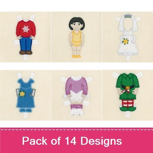 Vintage Paper Doll Outfits Embroidery Designs Bundle – Santa Costume, Elf Costume, Formal Suit, Sports Uniform & More (14 Designs)