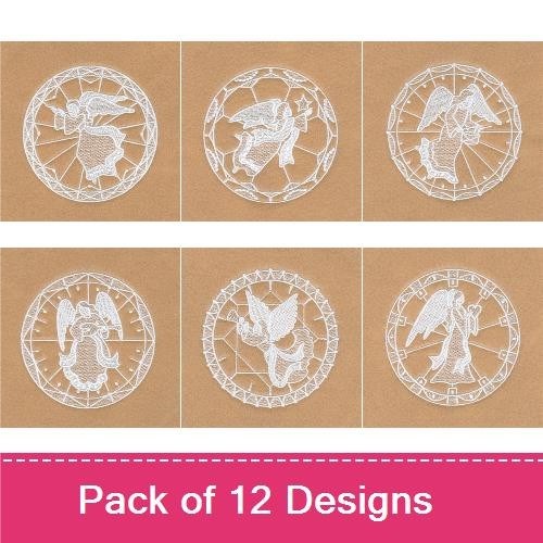 FSL Angel Lace Embroidery Bundle – Angel with Halo, Flying Angel, Kneeling Angel & More (12 Designs)