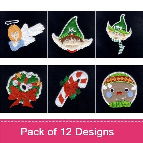 Applique Christmas Characters Embroidery Designs Bundle – Snowman, Reindeer, Angel & More (12 Designs)