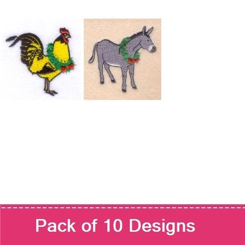 Farm Animals with Holiday Accents Embroidery Bundle – Cow with Wreath, Pig with Scarf, Turkey with Wreath & More (10 Designs)