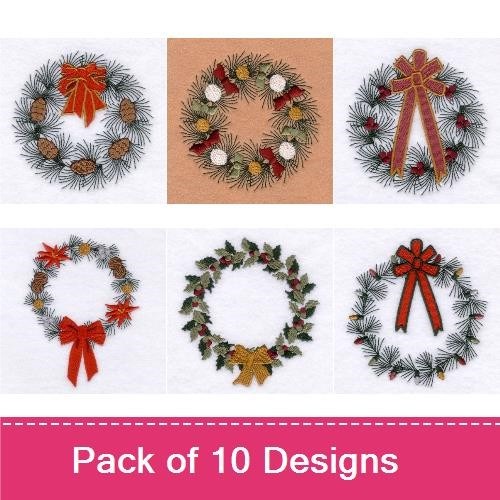Holiday Wreaths Embroidery Designs Bundle – Pine Cone Wreath, Red Bow Wreath, Winter Wreath & More (10 Designs)